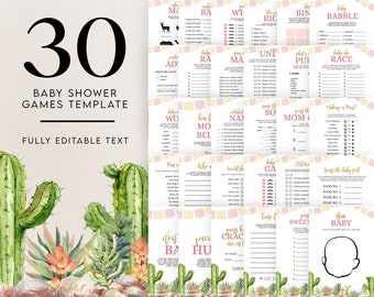 May include: A set of 30 printable baby shower game templates featuring a cactus theme. The games include "Guess the Baby Food", "Who Am I", "Guess the Mom's Song", and more. The text is fully editable.