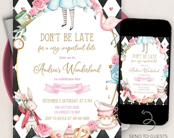 May include: Alice in Wonderland themed first birthday party invitation with a black and white chequered background. The invitation features a pink and white teacup, a white rabbit with a red waistcoat, a pink flamingo, and a clock. The text on the invitation reads "Don't be late for a very important date. Join us in Andrea's Wonderland to celebrate her 1st birthday. December 5, Saturday at 5 PM. 3145 Doctors Drive, Los Angeles, CA, 90017. RSVP to Kayla at 310-341-3368."
