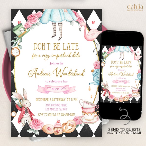 Alice in Wonderland First Birthday Invitation, EDITABLE Whimsical Mad Tea Party Invite Template, Onederland Girl, Instant Download KP073