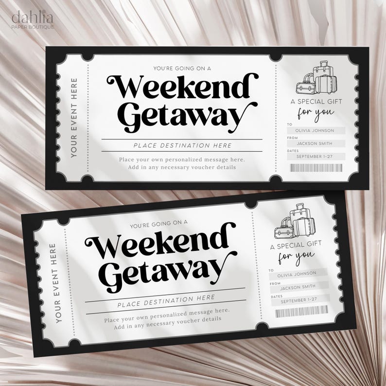 May include: Two black and white printable gift certificates for a weekend getaway. The text reads "Weekend Getaway" with a place to write in a destination. The certificates also have a space to write in a personalized message and voucher details. The certificates feature a drawing of suitcases.