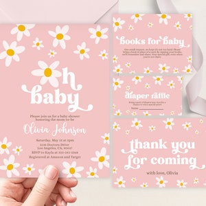 Daisy Baby Shower Uitnodiging Set, BEWERKBARE Oh Baby Party Pack, Floral Pink Baby Sprinkle Bundel, Boho Groovy Uitnodigen, Instant Download, BS501