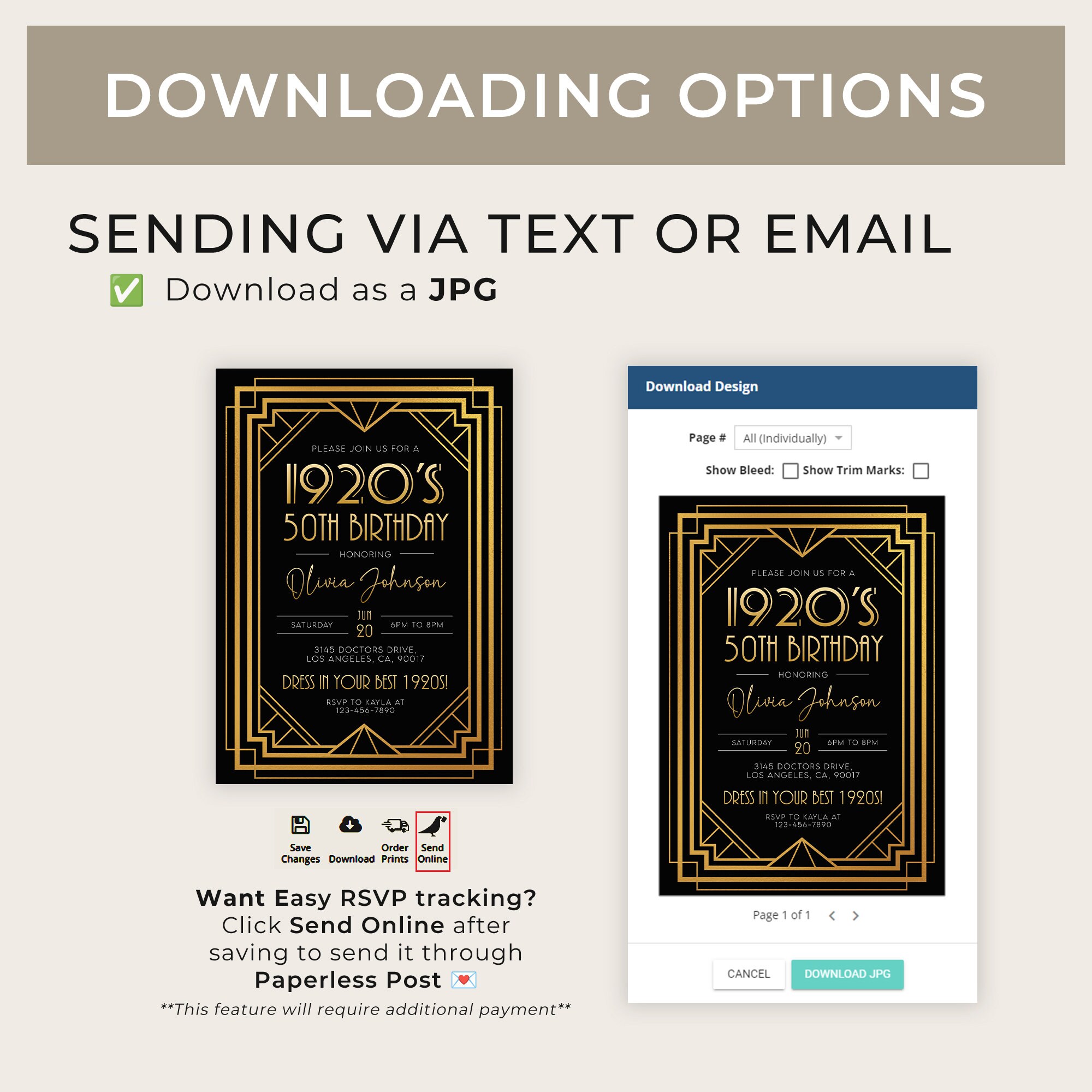 Editable 1920s Art Deco Birthday Invitation, 30th 40th 50th Birthday ...