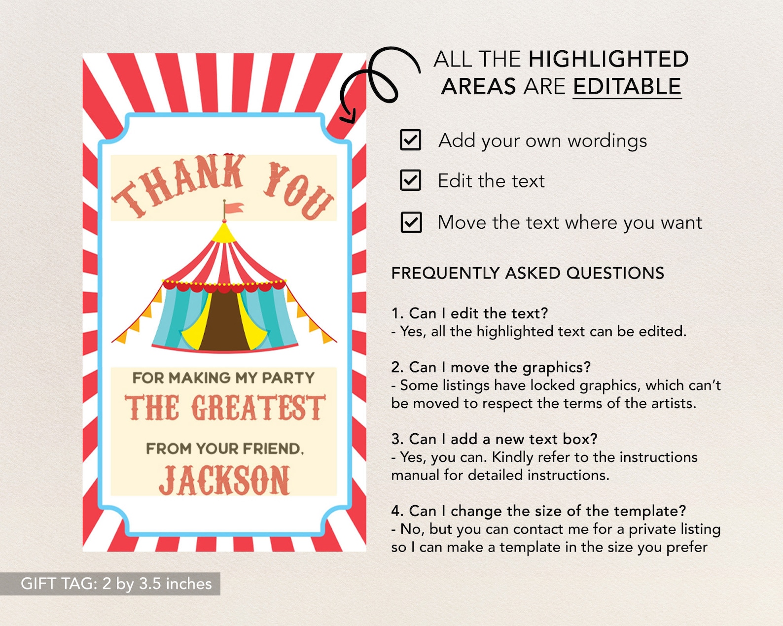 Favor Ride EDITABLE Carnival Birthday Gift Tag, Circus Party Favor Template, Fun ...
