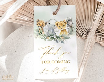 May include: A light green thank you tag with a gold border and gold text. The tag features a watercolour illustration of a cheetah, elephant, lion, and zebra. The text reads "Thank you for coming Love, Bethany".