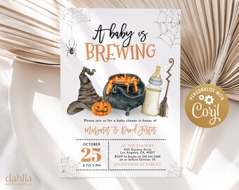 May include: Halloween-themed baby shower invitation with watercolor illustrations. The invitation features a witch's hat, cauldron, pumpkin, and the text "A baby is BREWING." Includes event details and RSVP information.