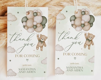 May include: Two green and brown thank you tags featuring a teddy bear holding balloons. The text on the tags reads "Thank you for coming with love, Samantha and Aiden".