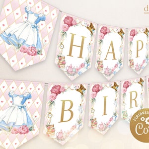 Alice in Wonderland Happy Birthday Banner, EDITABLE Onederland Party Decorations, Mad Tea Party Birthday Banner, Instant Download, KP191