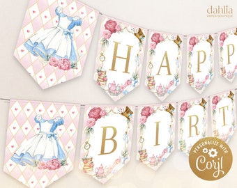 Alice in Wonderland Happy Birthday Banner, EDITABLE Onederland Party Decorations, Mad Tea Party Birthday Banner, Instant Download, KP191
