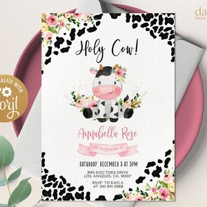 Holy Cow Birthday Invitation, EDITABLE Cow Party Invite Template, Printable Girl First Birthday, Floral Cow Print, Instant Download KP179