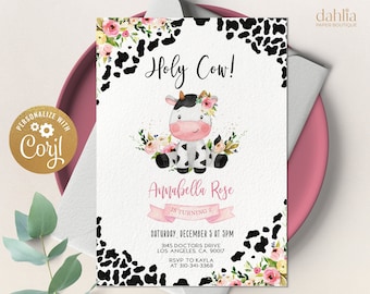 Invitación de cumpleaños de Holy Cow, plantilla EDITABLE de invitación a fiesta de vaca, primer cumpleaños de niña imprimible, estampado floral de vaca, descarga instantánea KP179