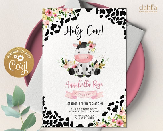 Holy Cow Birthday Invitation, EDITABLE Cow Party Invite Template, Printable Girl First Birthday, Floral Cow Print, Instant Download KP179 Il_570xn