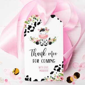 Danke für das Kommen Geschenkanhänger, EDITIERBARE Heilige Kuh Mitbringsel, Blumen Kuh Druck Geburtstagsetikett, Scheunentier Vorlage, Sofortiger Download KP179