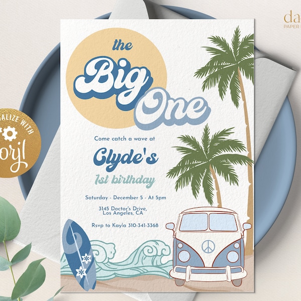 The Big One Birthday Invitation, EDITABLE Surf Party Template, Tropical Summer Pool Digital Invite, Blue Beach Bash, Instant Download KP138