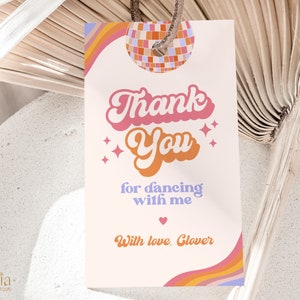 Etichetta regalo di ringraziamento per essere venuto, bomboniera modificabile per festa in discoteca, etichetta Groovy retrò, festa da ballo con palla da discoteca anni '70, etichetta di compleanno Boho Hippie KP125