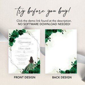 Puede incluir: Una invitaci&oacute;n a la Quincea&ntilde;era verde y dorada con un fondo de acuarela y un dise&ntilde;o floral. El texto dice "Invite you to celebrate the Quincea&ntilde;era of Maria Isabella, Friday, December 05".