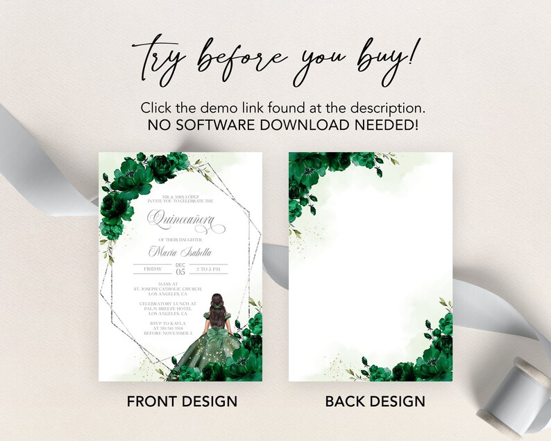 Puede incluir: Una invitaci&oacute;n a la Quincea&ntilde;era verde y dorada con un fondo de acuarela y un dise&ntilde;o floral. El texto dice "Invite you to celebrate the Quincea&ntilde;era of Maria Isabella, Friday, December 05".