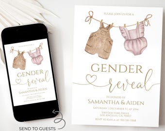 May include: Gender reveal party invitation with a watercolor illustration of a pair of overalls and a onesie hanging on a clothesline. The text reads "Please join us for a Gender Reveal" and includes the names Samantha & Aiden, date, time, location, and RSVP information.