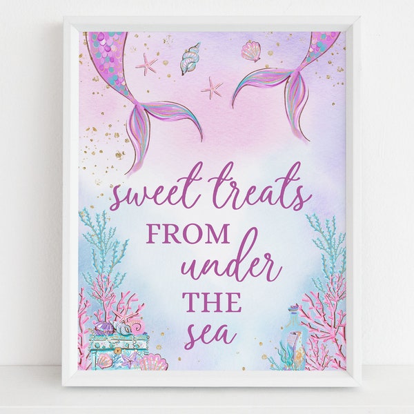 EDITABLE Mermaid Birthday Sweet Treats From Under The Sea Sign, Purple Gold Banner, Party Goodies, Printable Sign, Instant Download KP030