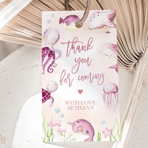 Gracias por venir etiqueta de regalo, baby shower bajo el mar, plantilla editable de favor de fiesta de animales del océano, aspersión de bebé rosa náutico, BS139