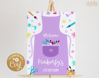 Art Party Birthday Welcome Sign, Editable Painting Banner, Printable Welcome Sign, Paint Craft, Purple Party Decor, Instant Download, KP053