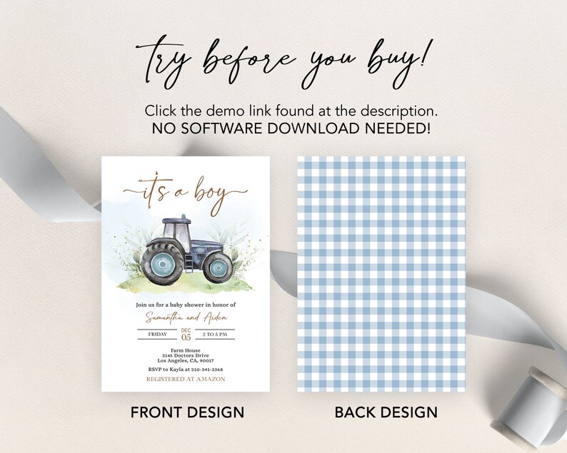 EDITABLE Blue Tractor Baby Shower Invitation, Ranch Farm Baby Sprinkle ...