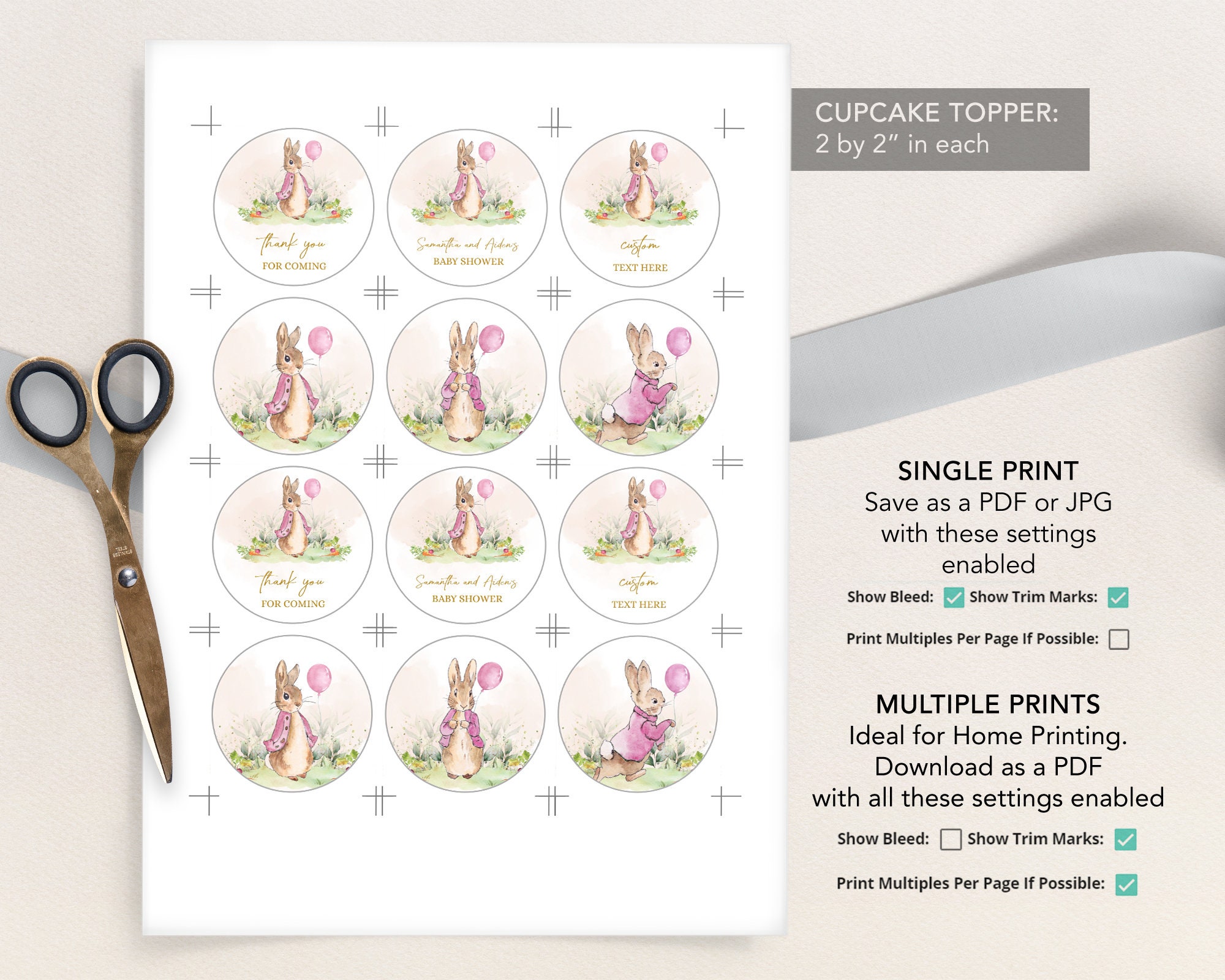 EDITABLE SET OF 6 Peter Rabbit Cupcake Toppers, Rustic Bunny Baby ...