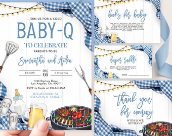 EDITIERBARE Baby-Q Babyparty Einladung Set, Unisex Hinterhof Paare Baby Sprinkle, BBQ Party Template Pack, Plaid Blue Digital Invite, BS167