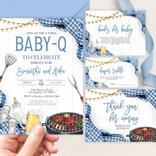 EDITABLE Baby-Q Baby Shower Invitation Set, Unisex Backyard Couples Baby Sprinkle, BBQ Party Template Pack, Plaid Blue Digital Invite, BS167