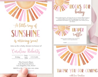 May include: A baby shower invitation with a watercolor sun design. The invitation is for Caroline Roberts and includes the date, time, and location of the event. It also includes a request for guests to bring a book in place of a card and a diaper raffle.