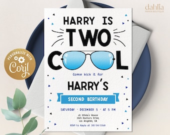 Two Cool Birthday Invitation, Editable Boy 2nd Birthday Invite Template, Two Cool Party, Blue Sunglasses, Instant Download, Corjl, KP136