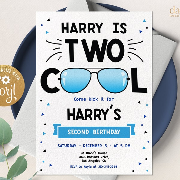 Two Cool Birthday Invitation, Editable Boy 2nd Birthday Invite Template, Two Cool Party, Blue Sunglasses, Instant Download, Corjl, KP136