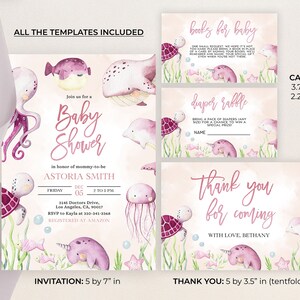 May include: Printable baby shower invitation and thank you cards with a pink and purple watercolor ocean theme. The invitation features an octopus, a whale, a pufferfish, a jellyfish, a narwhal, and a turtle. The thank you card features a turtle, a narwhal, and a dolphin. The text on the invitation reads "Join us for a Baby Shower in honor of mommy-to-be Astoria Smith, Friday, December 05, 2 to 5 PM, 3145 Doctors Drive, Los Angeles, CA, 90017, RSVP to Kayla at 310-341-3368, Registered at Amazon". The text on the thank you card reads "Thank you for coming, With love, Bethany".