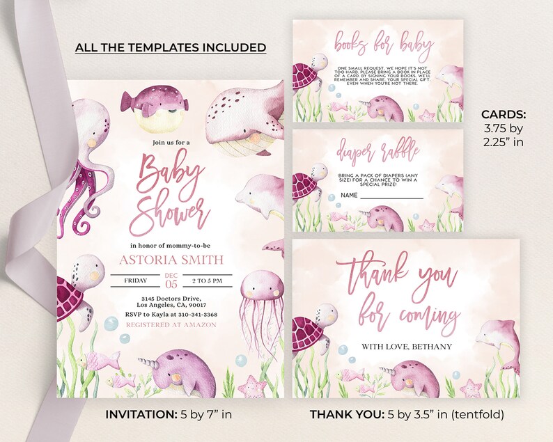 May include: Printable baby shower invitation and thank you cards with a pink and purple watercolor ocean theme. The invitation features an octopus, a whale, a pufferfish, a jellyfish, a narwhal, and a turtle. The thank you card features a turtle, a narwhal, and a dolphin. The text on the invitation reads "Join us for a Baby Shower in honor of mommy-to-be Astoria Smith, Friday, December 05, 2 to 5 PM, 3145 Doctors Drive, Los Angeles, CA, 90017, RSVP to Kayla at 310-341-3368, Registered at Amazon". The text on the thank you card reads "Thank you for coming, With love, Bethany".