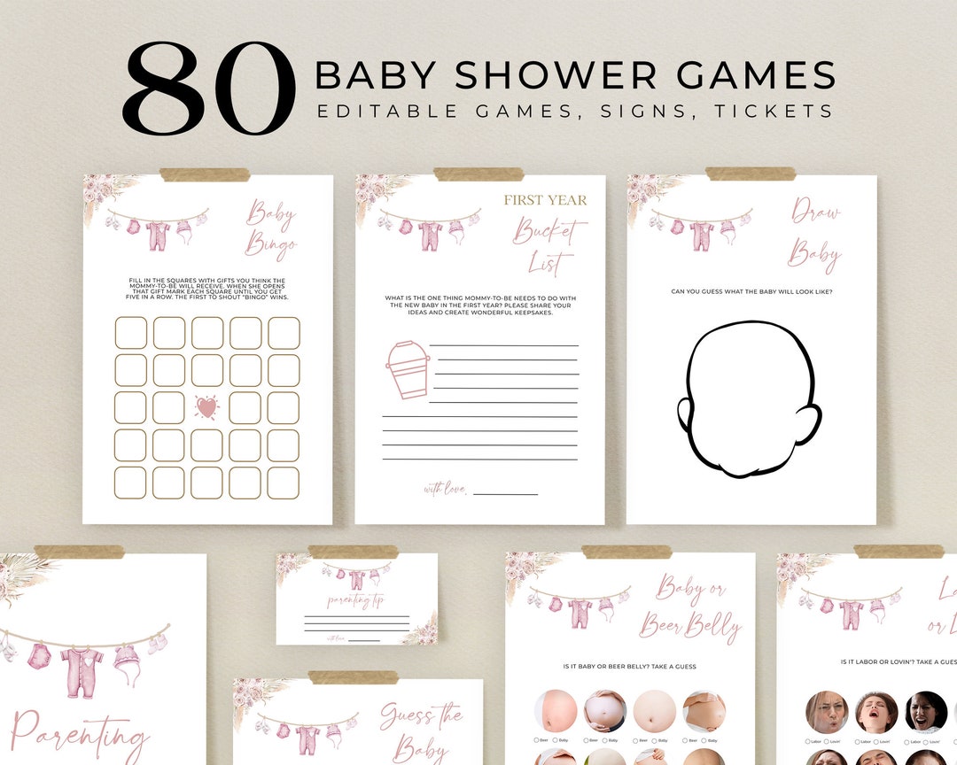 Boho Baby Laundry Baby Shower Game Bundle, Editable Pink Baby Clothes