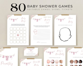 Può includere: Un set di 80 giochi, cartelli e biglietti per baby shower stampabili. I giochi includono "Baby Bingo", "Lista del secchio del primo anno", "Disegna un bambino", "Genitorialità", "Bebè o pancia da birra" e "Lavoro o amore". I giochi sono decorati con un tema floreale rosa e bianco.