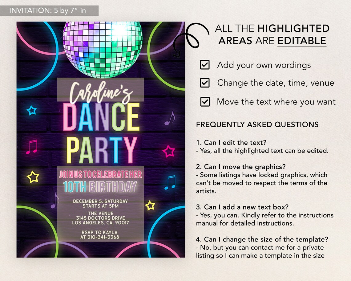 Kids Dance Party Invitation Editable Disco Birthday Invite Etsy