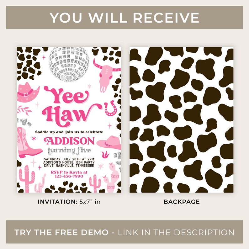 Puede incluir: Una invitaci&oacute;n rosa y blanca con un fondo de estampado de vaca. La invitaci&oacute;n dice "Yee Haw" y es para la fiesta de cumplea&ntilde;os n&uacute;mero 5 de Addison. La invitaci&oacute;n mide 12,7 x 17,8 cm.