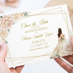 Quinceañera Guardar la plantilla de fecha, Crema de champán y Princesa dorada, Tarjeta Mis Quince Anos, Cumpleaños número 15 imprimible, Descarga instantánea, Q044