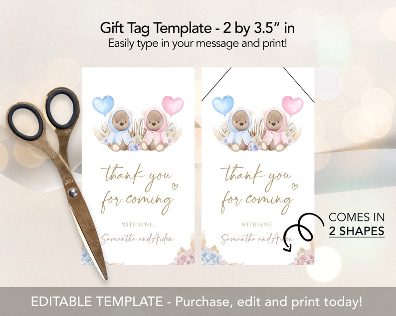 Bear Gender Reveal Thank You For Coming Gift Tag, Watercolor Gender Reveal Party Favor, He Or She, Pampas Grass, Baby Boy Or Girl Game GR002 image 4