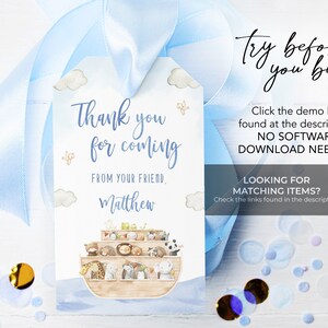 Noah's Ark Thank You Tag, Editable Boho Animals Party Favor Template ...