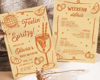 Plantilla de invitación para despedida de soltera con energía, cóctel editable "Sun and Spritz", itinerario DIY para un fin de semana de chicas en un club social en la playa, BC039