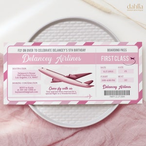 Invitation à un billet d’anniversaire d’avion, invitation à un billet d’avion, fille rose 1ère carte d’embarquement, imprimable numériquement modifiable, téléchargement instantané, KP254