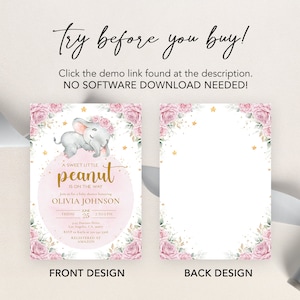 Blush Pink Elephant Baby Shower Invitation Set, EDITABLE Sweet Little Peanut Party, Floral Jungle Baby Shower Bundle, Instant Download BS179 image 6