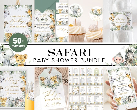 Safari Animals Baby Shower Bundle, Safari Baby Shower Invitation Set, Jungle Animals Baby Shower, Tropical, Gender Neutral, BS109, Corjl Il_570xn