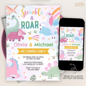 Einhorn und Dinosaurier-Geburtstags-Einladung, EDITIERBARE Sparkle und Roar Party-Vorlage, Geburtstag für jedes gemeinsame Geschwisterkind, Sofort-Download, KP601