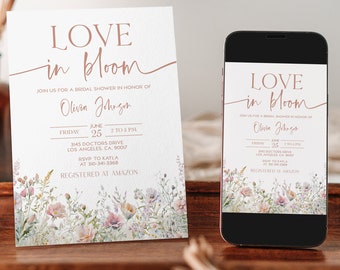 Love in Bloom Bridal Shower Invitation, Editable Spring Bridal Shower Invite, Floral Bridal Shower Printable Template Instant Download BR003