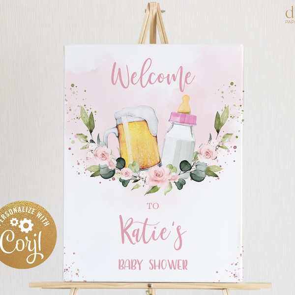 Baby is Brewing Welcome Sign, Beer Baby Shower, Pink Floral Banner, Brewery Baby Sprinkle Party Decor, Couples Baby Shower Template, BS083