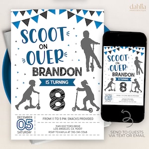Faire-part d'anniversaire de scooter, bleu MODÈLE d'invitation à une fête de patinage, modèle Bike Boy, imprimable Scoot dessus modèle, téléchargement immédiat KP252