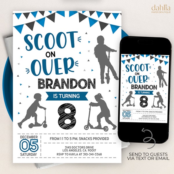 Scooter Birthday Invitation, EDITABLE Blue Skating Party Invite, Bike Boy Template, Printable Scoot On Over Template, Instant Download KP252