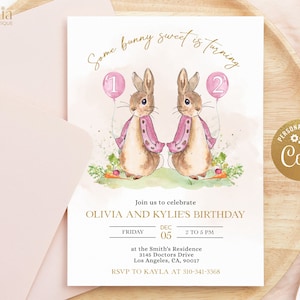 Invito di compleanno congiunto di Peter Rabbit, modello di invito modificabile, coniglietto rustico rosa, 1° compleanno, festa combinata, download istantaneo KP059